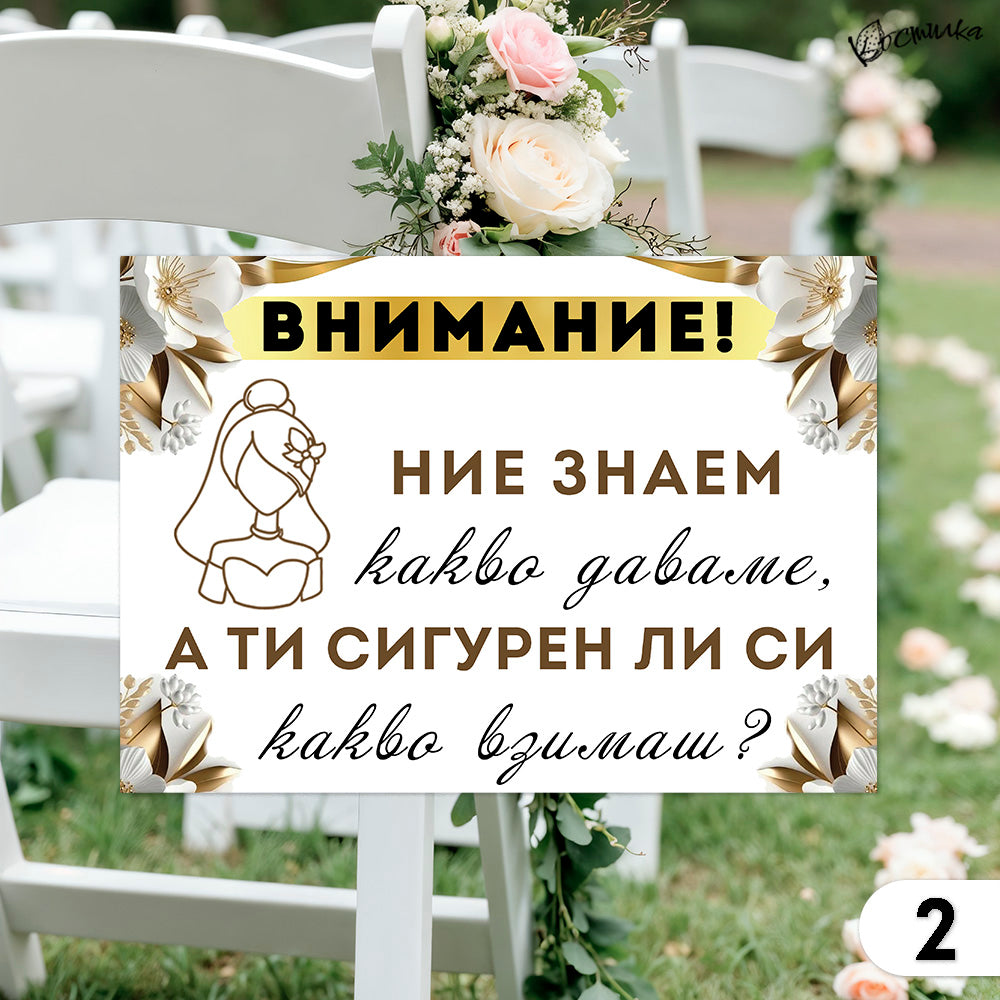 Забавни табели за сватба А4 – бяло и златисто